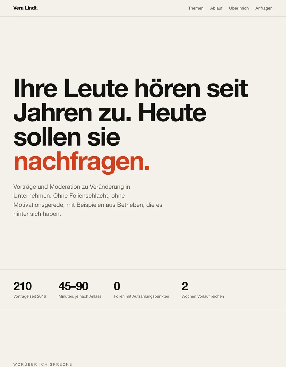 Mit Claude gebaute Website einer Rednerin, ganz ohne Bilder