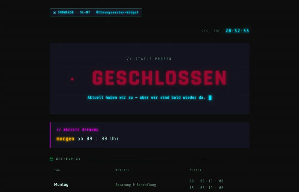 Mit Claude gebauter Öffnungszeiten-Status