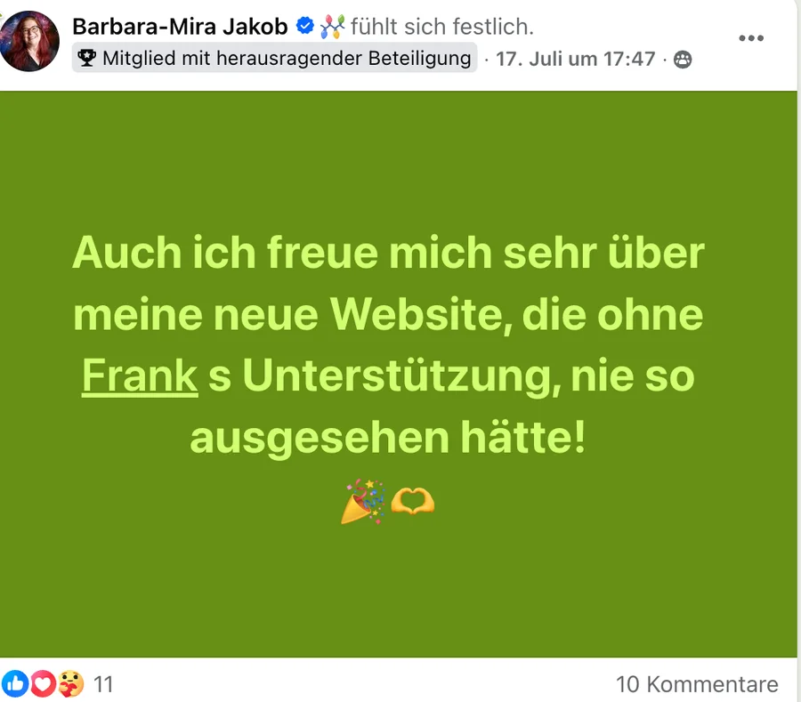 Facebook-Post von Barbara-Mira Jakob: Auch ich freue mich sehr über meine neue Website, die ohne Franks Unterstützung nie so ausgesehen hätte!